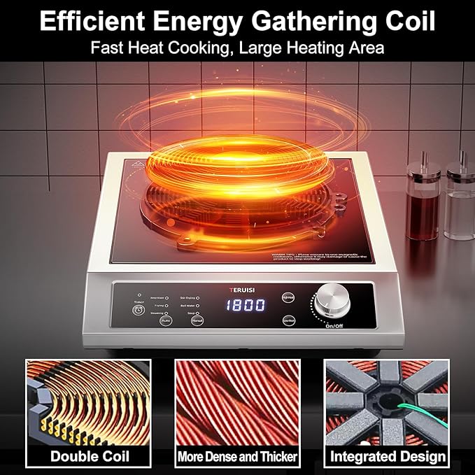 Induction Cooktop Commercial, 1800W Electric Stove with 18/10 Stainless Steel, 4 Hours Timer, 6 Preset Functions, 8 Temp/Power Levels, Portable Countertop Burner for RV Home Kitchen