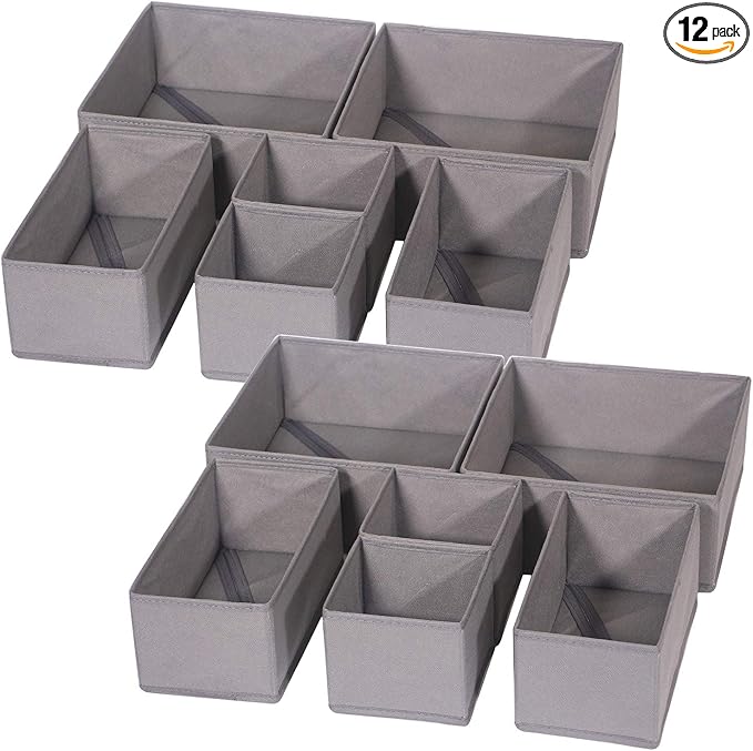DIOMMELL 12 Pack Foldable Cloth Storage Box Closet Dresser Drawer Organizer Fabric Baskets Bins Containers Divider for Baby Clothes Underwear Bras Socks Lingerie Clothing,M Grey 444