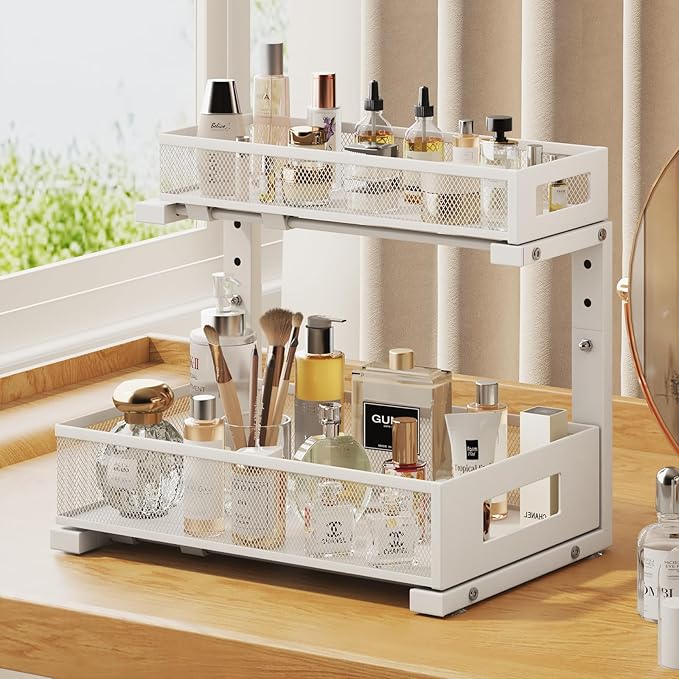 2-Pack Under Sink Storage Organizer, Large 2-Tier Elegant Mesh Pull Out Shelf for Kitchen and Bathroom Cabinet Organization, L-Shaped and Adjustable Height Design for Maximum Space Efficiency-White