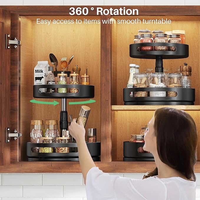 Lazy Susan Organizer Spice Rack - 2 Tier Height Adjustable Spice Organization for Cabinet, Metal Seasoning Organizer Lazy Turntable Spice Organizer for Table Top Pantry Kitchen Storage (10 inch)