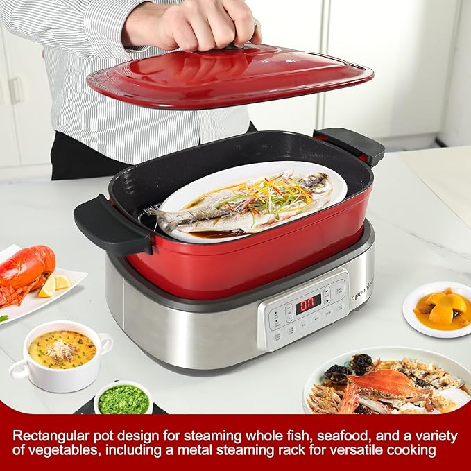 Electric Dutch Oven Multi-Cooker, 5.8QT Enameled Cast Iron Pot - 1250W Fast Heating, 6 Preset Functions, Digital Display & Keep Warm, Oven Safe Pot To 392℉, with Removable Pot, Steam Rack