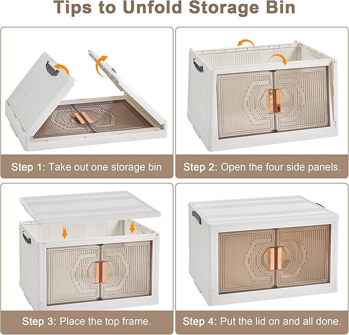 VECELO 19 Gal Stackable Storage Bins with Lid, 3 Pack Plastic Collapsible Storage Cabinet, Foldable Folding Box Organizer/Storage Container Cart with Wheel and Double Door for Home Office, White