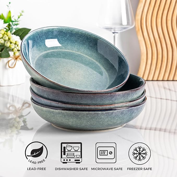 AmorArc 8.5'' Large Ceramic Pasta Bowls Set, 36oz Stoneware Bowls Set of 6 for Kitchen, Reavtive Glaze Bowls-Microwave,Dishwasher Safe for Pasta,Salad,Oatmeal-Ceylon Blue