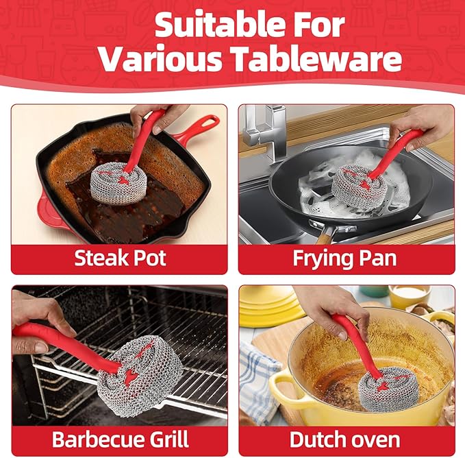 Cast Iron Chainmail Scrubber with Handle （ABS） - Cleaner for Pans and Pots - Premium Stainless Steel/Silicone Scraper for Skillets - Ergonomic Food-Safe Design - Easy to Clean Cookware Dish Brush