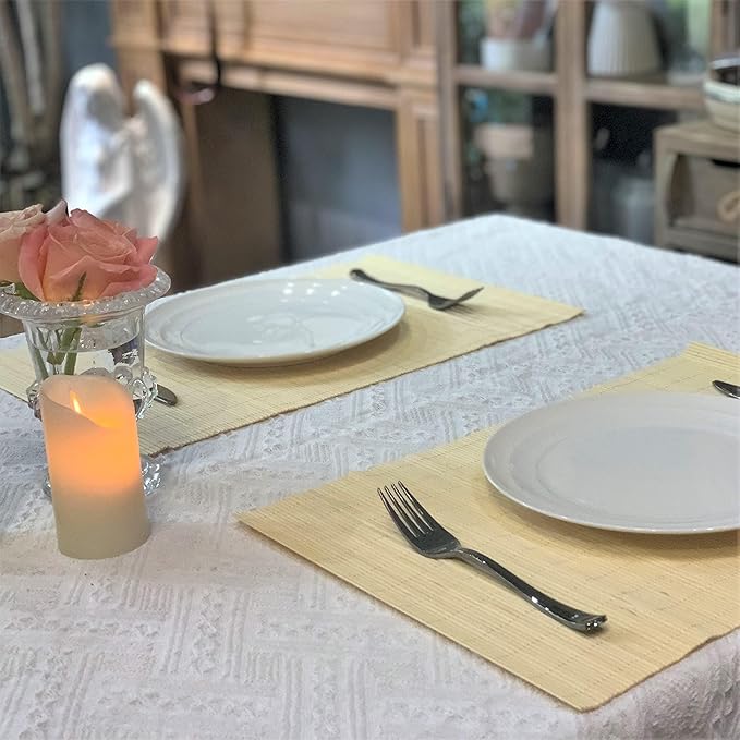 ANDSTAR Bamboo Placemats Set of 8 Waterproof - 12x18 Inch Reusable Table Mats for Dining, Eco-Friendly Heat Resistant Dishwasher Safe Kitchen Decor, Farmhouse Style Home Gift (Natural Color)