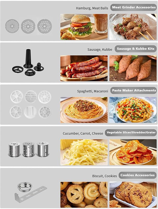 Vospeed 9 IN 1 Stand Mixer, 850W Tilt-Head Multifunctional Electric Mixer with 8 QT Stainless Steel Bowl, 1.5L Glass Jar, Meat Grinder, Hook, Whisk, Beater Dishwasher Safe (Silver)