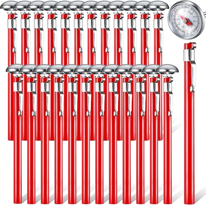 Xuhal 24 Pcs Stainless Steel Kitchen Thermometer with 5 Inch Long Stem 1 Inch Dial Thermometer Milk Frothing Food for Oven Probe Meat Grill BBQ Cooking Chocolate Water (Red)