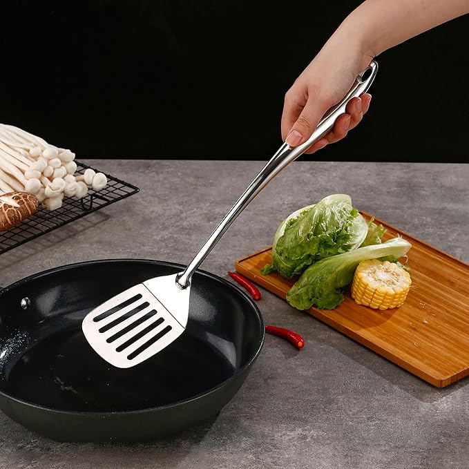 18/10 Stainless Steel Cooking Utensils Set with Holder, 7-Pieces All Metal Kitchen Utensils, 15’’ Long Kitchen Tools with Countertop Rotating Stand, Spatula, Ladle, Skimmer, Tunner, Pasta, Large Spoon