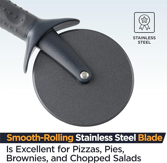Deiss Lux Heavy Duty Pizza Cutter With Wheel Slicer- Stainless Steel Sharp Smooth Pizza Cutter Wheel With Easy Grip Non-Slip Handle, Dishwasher Safe (BLACK)