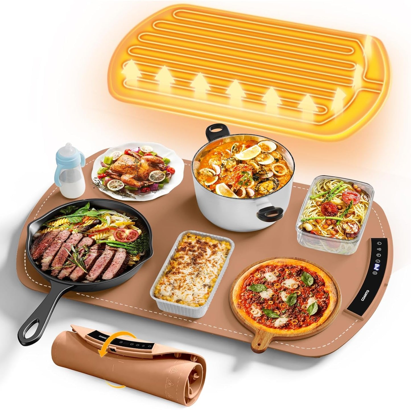 Food Warming Mat, Electric Warming Tray for Buffets & Parties, Silicone Heating Mat for Food with 9 Temperature Settings, Roll-Up Storage, 25.8"x15.6", Brown