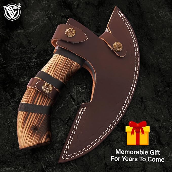 Edgelandknives® Multipurpose Viking Pizza Axe with Sheath, Viking Butcher Axe, Viking Pizza Cutter Axe - Burned Wood Handle & Heavy Duty Viking Skull Head - Perfect for Cutting Pizza, Meat, Vegetables