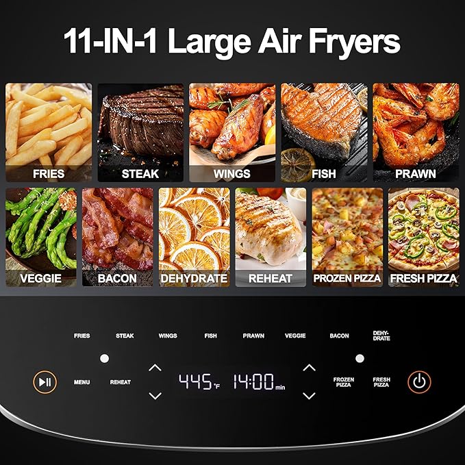 Large Air Fryer,11-IN-1 Airfryer,Super Fast Cooking Speed with Dual Heat Source, Non Toxic Air Fryers Stainless Steel, Max Crisp Technology with 450F, 6QT Up to 33 Chicken Wings Capacity