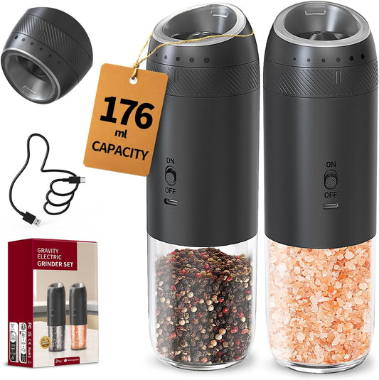 CIRCLE JOY Gravity Electric Salt and Pepper Grinder Set Rechargeable Automatic Pepper Mill Grinders with 176ml Container, External Adjustable Coarseness, Bright LED Light and One Hand Operation, Black