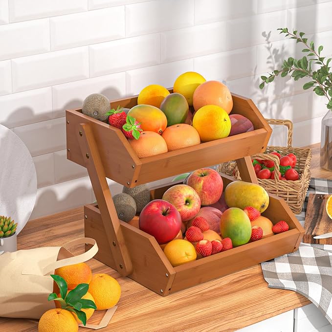 G.a HOMEFAVOR Fruit Basket for Kitchen, 2-Tier Fruit Bowl for Kitchen Counter, Vegetable Storage Stand for Fruit Shop, 15 mm Thickness, Brown