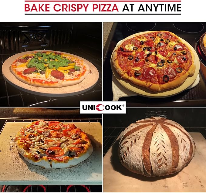 Unicook Round Pizza Stone 12 Inch, Cordierite Bread Baking Stone for Oven and Grill, Thermal Shock Resistant, Including Dough Scraper