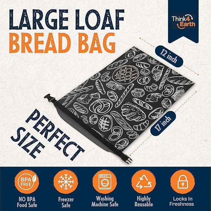 THINK4EARTH® Premium Black Reusable Bread Bags for Homemade Bread – Durable & Washable (2 Pack)