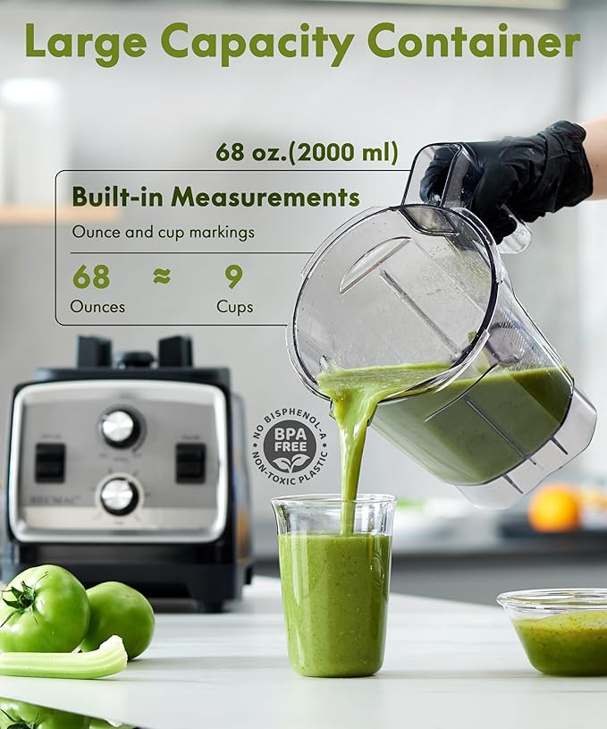 HECMAC 3-Peak HP Blender - 2200W Max/1400W Rated, 68oz BPA-Free Pitcher, Easy to Use, Self-Clean, Tamper - Smoothies, Ice Crush, Frozen Drinks, Food Prep - Home & Commercial, 110V