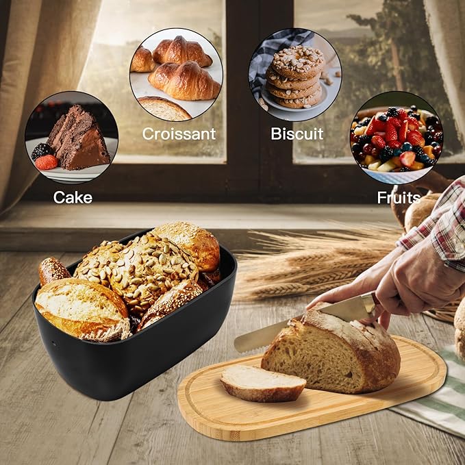 Bread Box for Kitchen Countertop - Bamboo Fiber Bread Bin with Reversible Cutting Board Lid, Juice Groove - Ventilated, Multi-Functional Storage Keeper for Freshness (14.2x7.8x5.5In, Black)