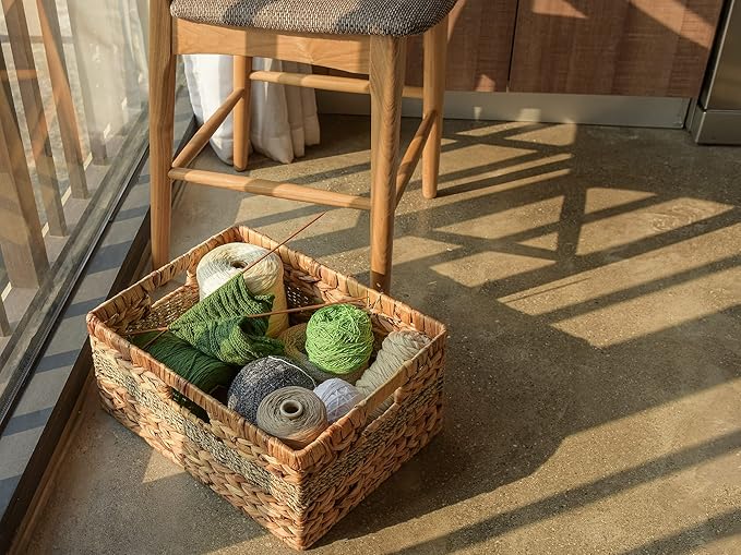 StorageWorks Jumbo Rectangular Wicker Basket, Water Hyacinth and Seagrass Storage Basket with Built-in Handles, 1 Pack