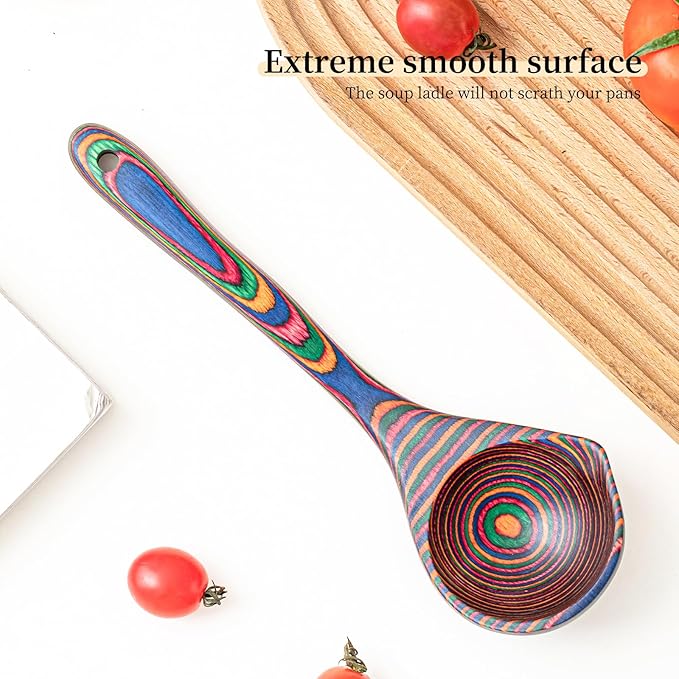 Gudamaye Pakkawood Rainbow Deep Soup Ladle with Spout, 9.6 inch Big Soup Ladle for Cooking