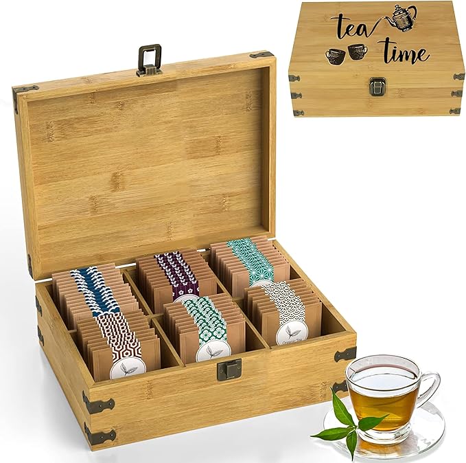 Bamboo Tea Organizer Box Chemical Free Eco-Friendly Big, Tall, Adjustable Cubbies Natural Wooden Storage Chest (Tea Time, 6-Slot 11" x 8.1" x 4.2")