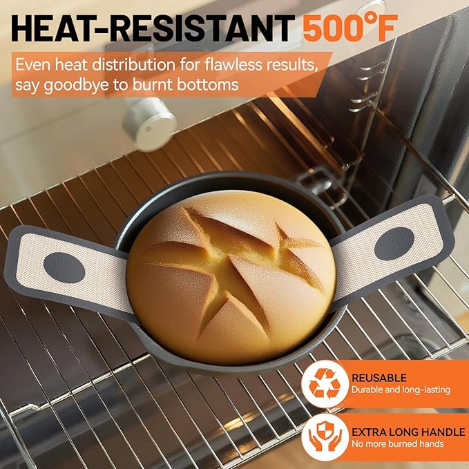 HOTEC Silicone Bread Sling for Dutch Oven - 2 Pack Non-Stick Baking Mat with Long Handle Easy to Transfer Sourdough Bread, Reusable Heat Resistant to 500°F/260°C Dutch Oven Liners Baking Supplies
