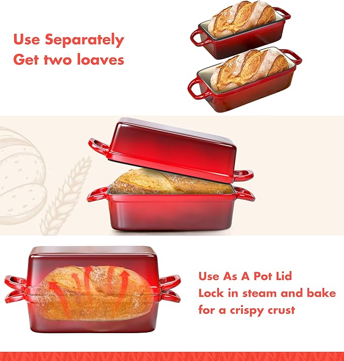 2 IN 1 Cast Iron Bread Loaf Pan with Lid, 3.4QT 9x5 Inch Dutch Oven for Bread Baking, Even Heating Bread Oven, Enameled Bread Pan for Homemade Sourdough Bread Baking & Versatile Cooking, Red