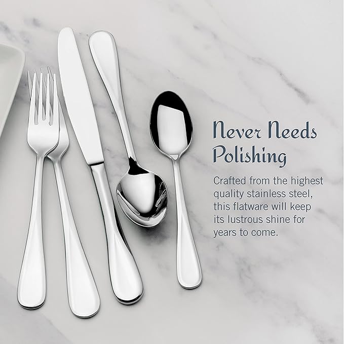 Mikasa Bravo 65-Piece Flatware Set for 12, 18/10 Stainless Steel Silverware with Full Service, Includes Forks, Knives, Spoons, and Serving Utensils