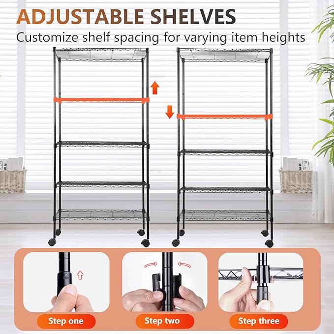 FDW Adjustable 5-Tier Metal Shelf with Wheels, 250 lbs Capacity, Easy Assembly, Ideal for Small Spaces