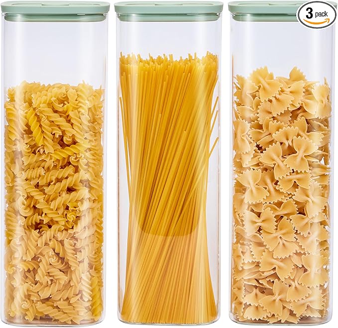 Square Glass Food Storage Jars with Lids[Set of 3], Perfect for Pasta, Cookies, Nuts, Coffee, Cereal, Flour, Organize Your Kitchen with these BPA-Free Glass Jars with Silicone Lids