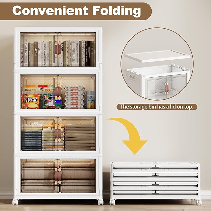 SAILUN 331QT/82 Gal Extra Stackable Storage Bins Large Collapsible Storage Bins with Wheels and Lid, Open Front Folding Closet Organizers and Storage,4Pack 23.6" W x 15" D x 54" H