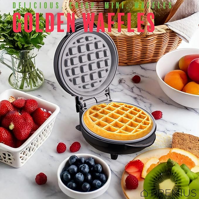 Ceramic Nonstick Mini Snack Waffle Maker, 4” Mold, Quick Heat for Crispy Waffles, French Toast, Tuna Melt, Egg & Grilled Cheese, Sandwiches for Kids & Family, Just Add Batter (Black)