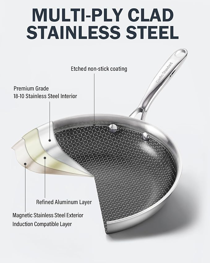 Cooks Standard Hybrid Nonstick Frying Pan, 10-Inch Skillet, Multi-Ply Clad Stainless Steel Fry Pan with Tempered Glass Lids, Oven Safe, Compatible with All Stovetops
