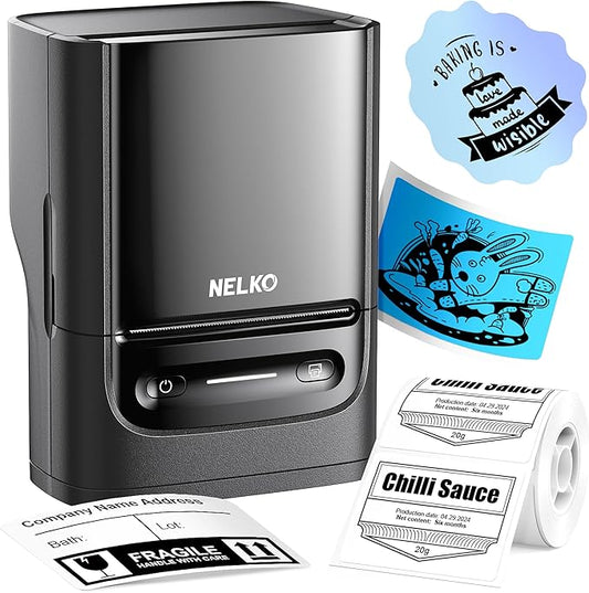 Nelko Label Maker Machine with Tape, PM220 Bluetooth Label Printer, Portable Thermal Printer for Small Business, Address, Logo, Clothing, Mailing, Sticker Printer for Phones & PC, 1 Count, Black
