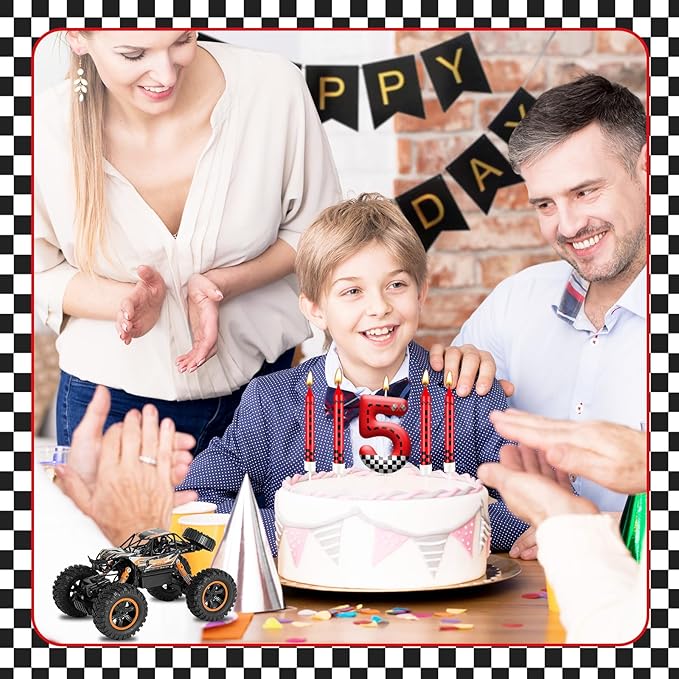 13PCS Racing Car Theme Birthday Candle Set with Checkered Flag Design - Durable Cake Topper for Race Car Party Decorations, Kids Birthday Supplies - Number 5 Candle for Racing-Themed Celebrations