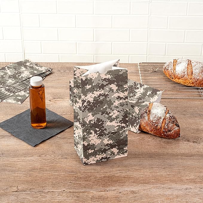 Restaurantware Bag Tek 8 LB Disposable Lunch Bags 100 Sturdy Take Out Bags - Flat Bottom Great For Restaurants Cafes And Bakeries Camouflage Paper Popcorn Bags Versatile For Grocery And More