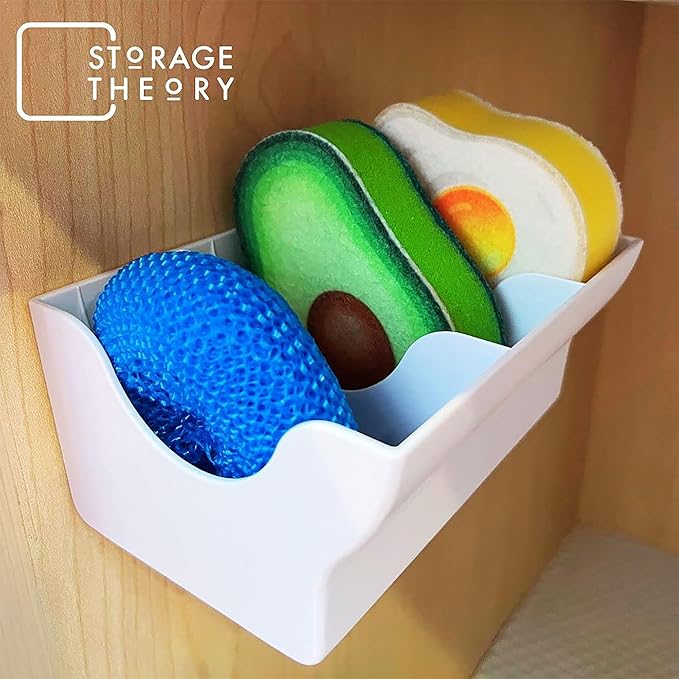 BeraTek Industries Storage Theory Sponge Daddy Caddy & Under Sink Sponge Holder Combo - Kitchen Sink Organizer Keeps Sponges Dry, Odor-Free - White, Combo Pack