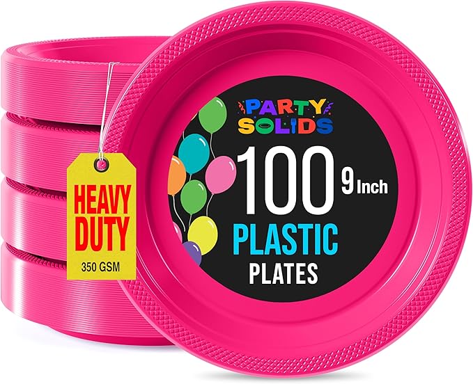 Exquisite Party Solids Hot Pink Plastic Plates For Party 9" Hot Pink Disposable Plates Heavy Duty Supplies 100 Pcs Plastic Dinnerware Sets Heavy Duty 350 GSM Disposable Dinnerware Set