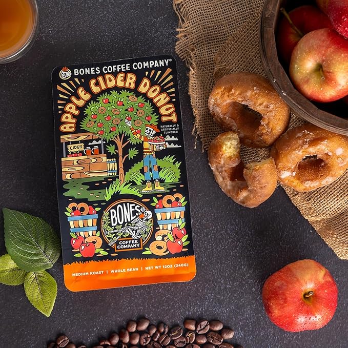 Bones Coffee Company Apple Cider Donut Flavored Coffee, Medium Roast Low Acid Arabica Beans Compatible with Auto drip and French Press Coffee Maker, 12 Oz Whole Bean