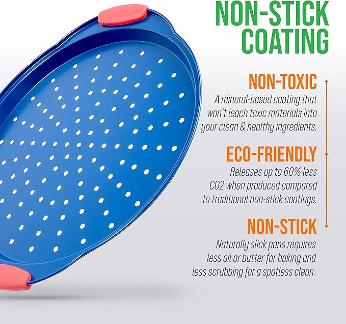 NutriChef 13-Inch Nonstick Pizza Tray - Round Carbon Steel Non-Stick Pizza Baking Pan with Perforated Holes, Premium Bakeware Pizza Screen with Silicone Grip Handles, Dishwasher Safe - Blue