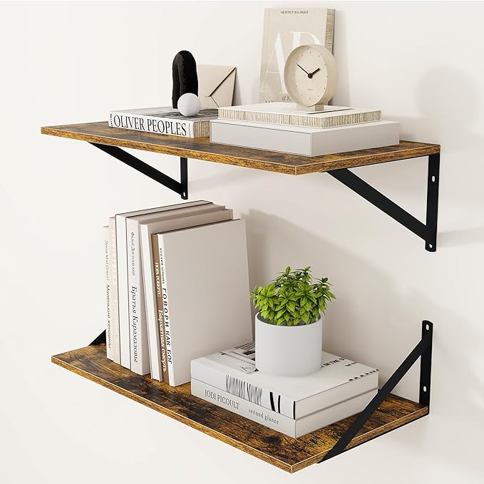 Heimlove Deep Floating Shelves for Wall, 24W x 12D Wood Wall Shelves Set of 2, Wide Floating Bookshelf for Living Room, Kitchen, Office, Bedroom and Decor Storage, with Metal Bracket - Rustic Brown