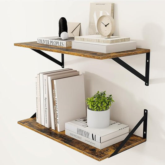 Heimlove Deep Floating Shelves for Wall, 24W x 12D Wood Wall Shelves Set of 2, Wide Floating Bookshelf for Living Room, Kitchen, Office, Bedroom and Decor Storage, with Metal Bracket - Rustic Brown