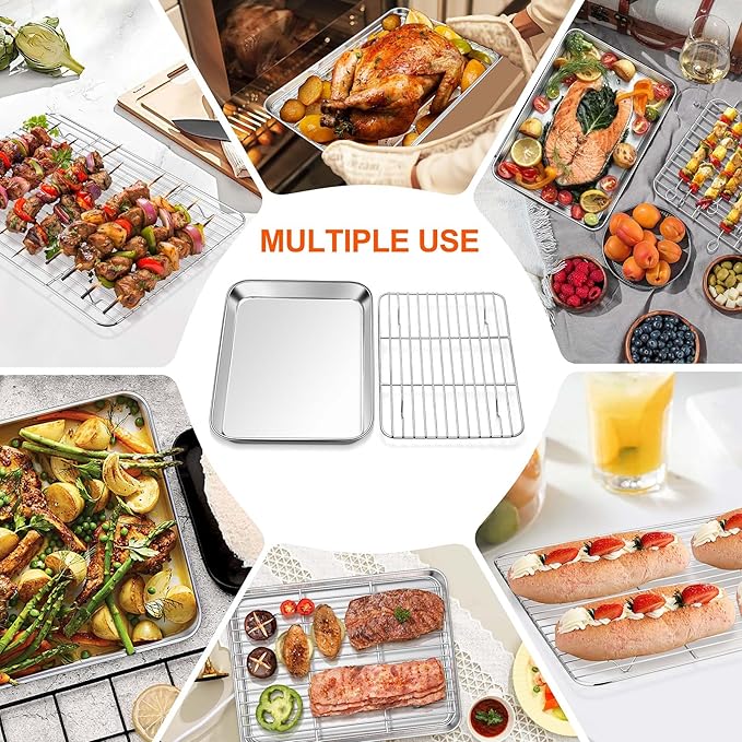 Homikit Baking Sheet with Wire Rack, 10 x 8 Inch Stainless Steel Cookie Sheets for Baking, Small Baking Pan with Cooling Rack, Nonstick Metal Toaster Oven Bacon Tray, Rust Free & Dishwasher Safe
