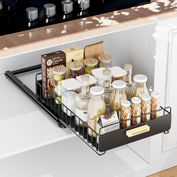 Under Sink Organizer, Kitchen Under Sink Organizers and Storage, Mute Pull Out Cabinet Organizer Shelf, Metal Sliding Drawer for Kitchen Bathroom Pantry Cabinet Closet Organization Rack, Black