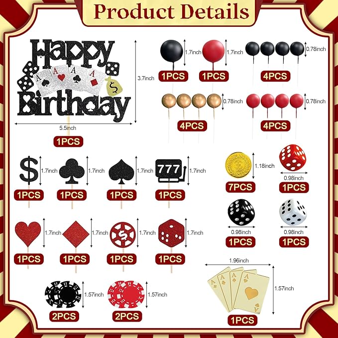Knana 35Pcs Casino Cake Toppers Dice Poker Cake Topper Casino Theme Party Decorations