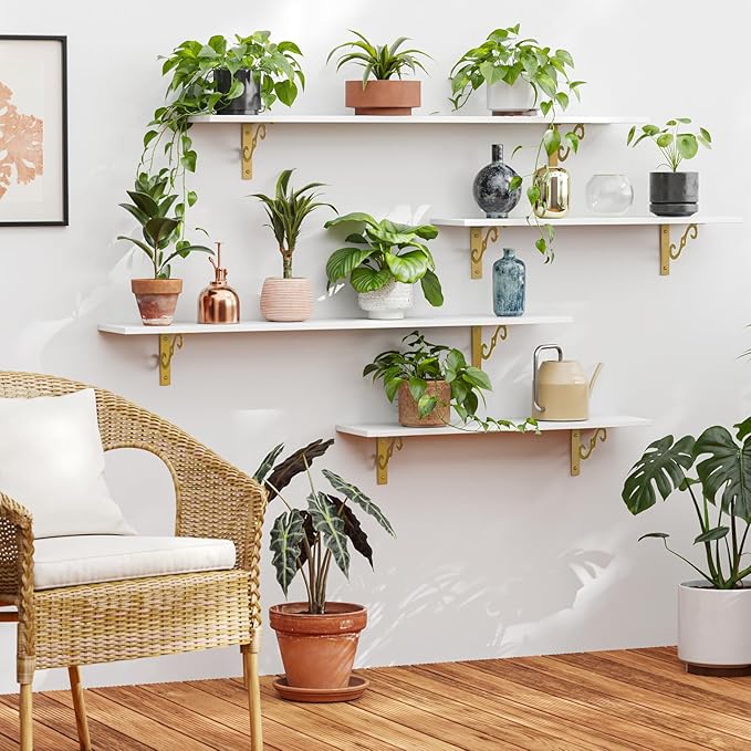 DINZI LVJ Long Wall Shelves, 31.5" Wall Mounted Shelves Set of 4, Wide Floating Shelf for Wall with Metal Brackets, for Living Room, Bathroom, Bedroom, Kitchen, Office, White and Gold