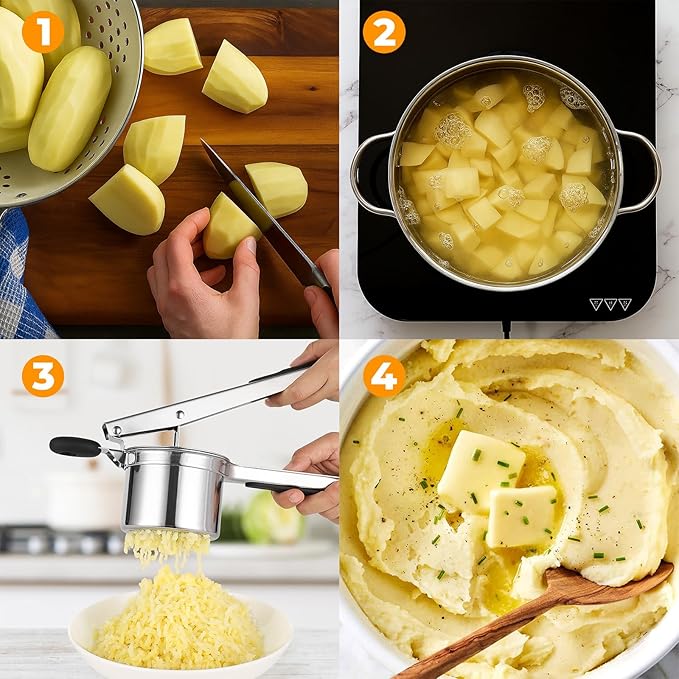 Potato Ricer 15oz, Heavy Duty Stainless Steel Potato Masher with 3 Interchangeable Discs, Large Masher and Ricer Kitchen Tool for Mashed Potatoes, Spaetzle Noodle Maker, Potato Press