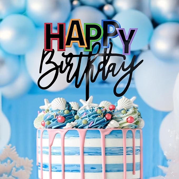 Acrylic Black Happy Birthday Cake Topper, 7.5" x 6" Rainbow Birthday Cake Decoration (Black)