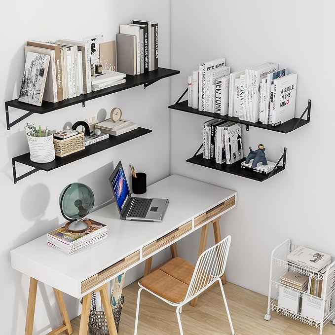 Heimlove Black Deep Floating Shelves for Wall, 24W x 12D Wood Wall Shelves Set of 2, Wide Floating Bookshelf for Living Room, Kitchen, Office, Bedroom and Decor Storage, with Metal Bracket - Black