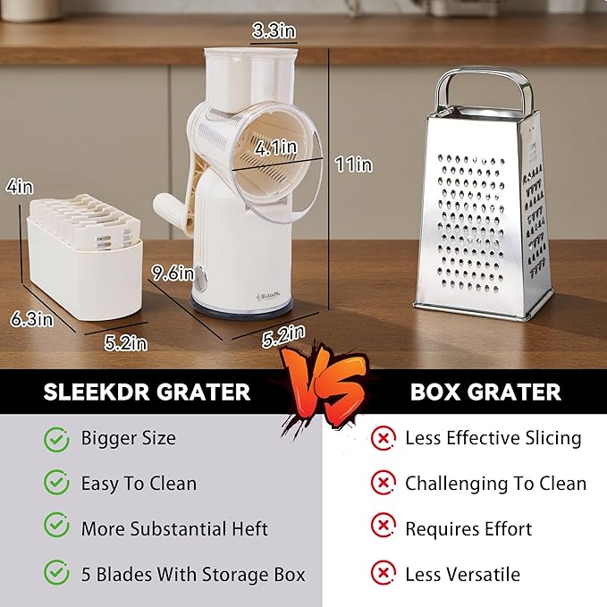 5 in 1 Rotary Cheese Grater Vegetable Slicer with Handle - Upgraded Hand Crank Cheese Grater with Handle and Strong Suction Base, Multi-Purpose Vegetable Slicer with 5 Well-Designed Blades